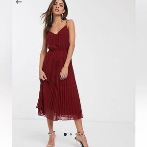 ASOS DESIGN pleated cami midi dress with drawstring waist in oxblood